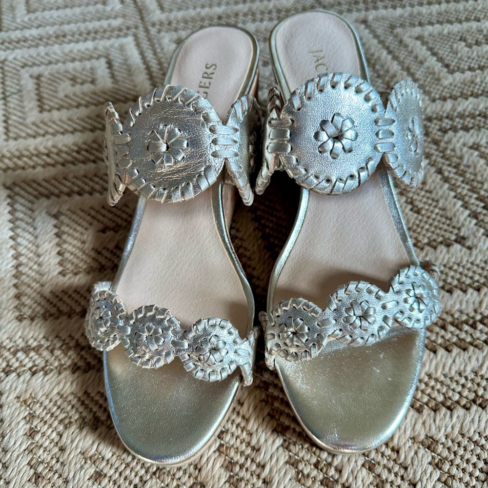 Jack Rogers Lauren Champagne Leather Mid Wedge Cork Sandal Slide Size 8.5
